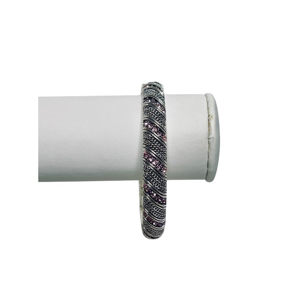 Silver Tone And Pink Rhinestone Hinged Bangle Bracelet (6154)